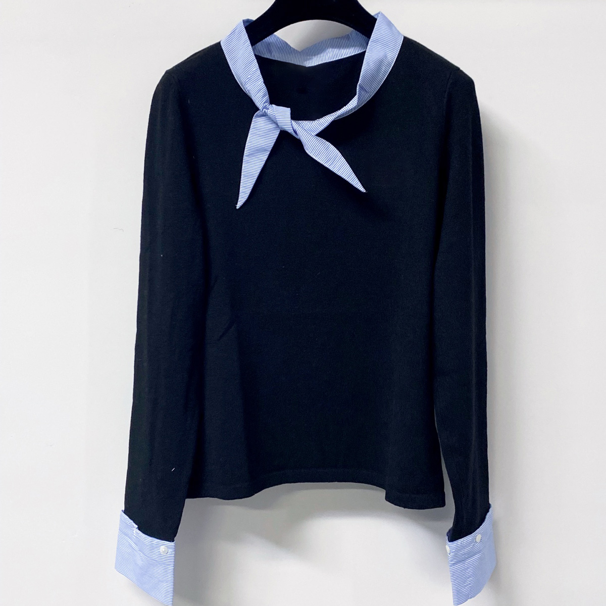 Women Top Fashion - 고품질 여성 타이넥 니트 탑 스트라이프
