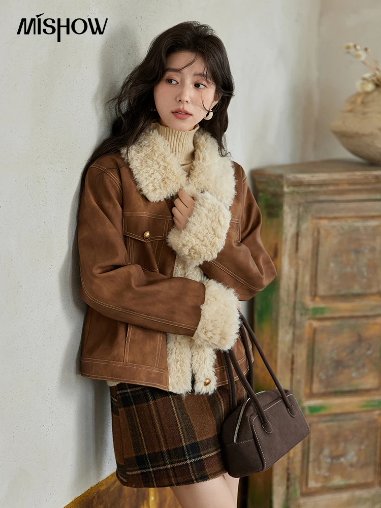 Women'S Fashion Leather Jacket - MISHOW 여성용 가죽 모피 재킷, 양털