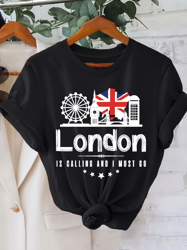 Women'S Fashion London - 런던 레터 프린트 티셔츠 패션 반소매