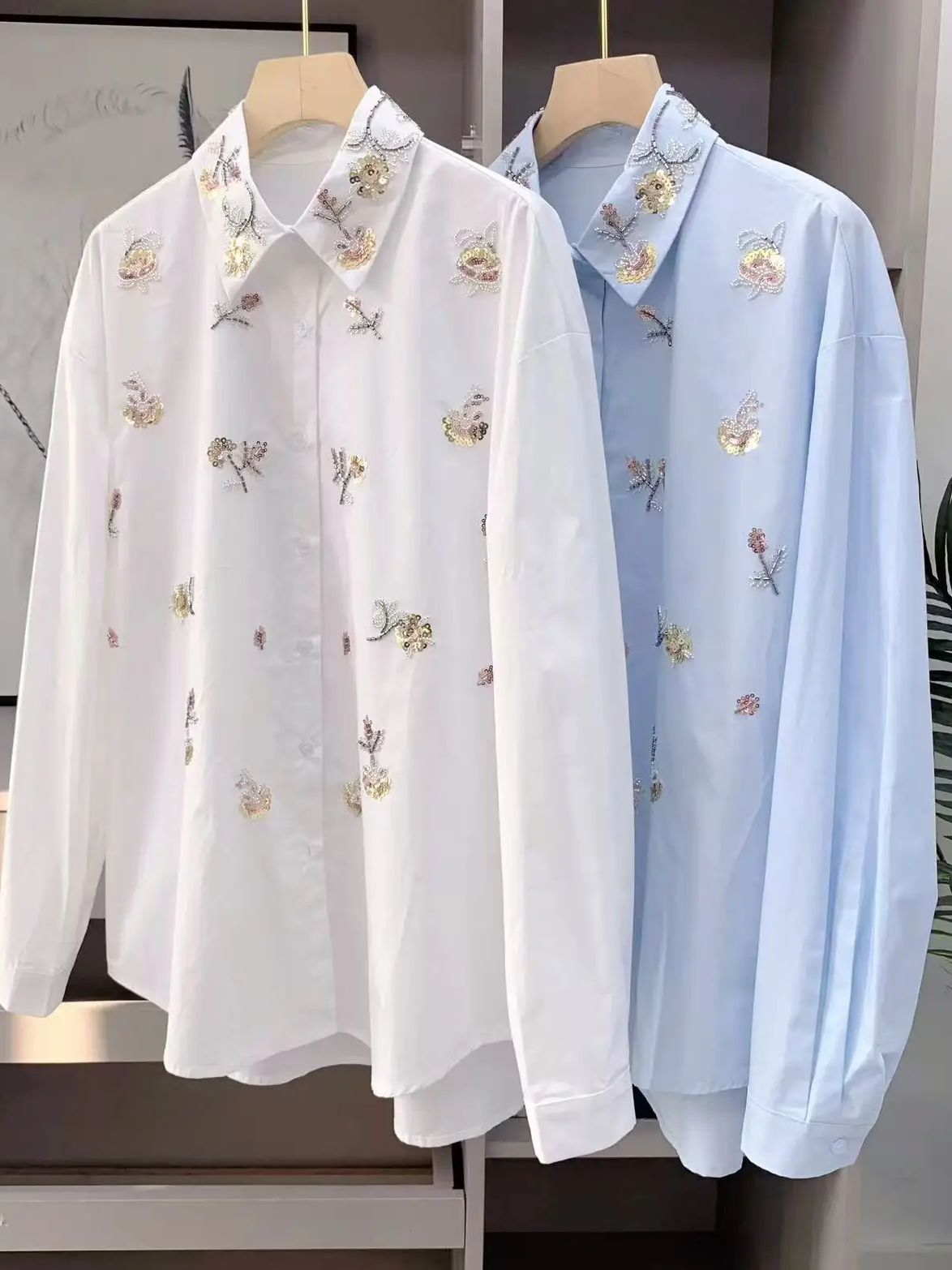 Women'S Fashion Trends 2026 Spring Summer - 럭셔리 스팽글 진주 자수 코튼 블라우스