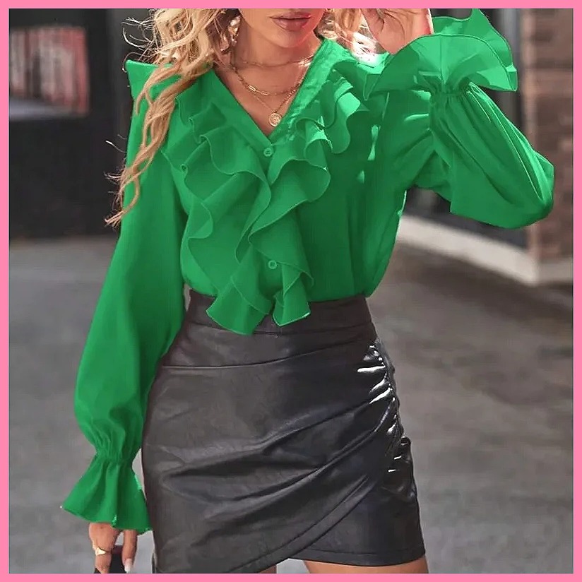 Women Top Fashion - 2025 패션 V넥 러플 플레어 슬리브