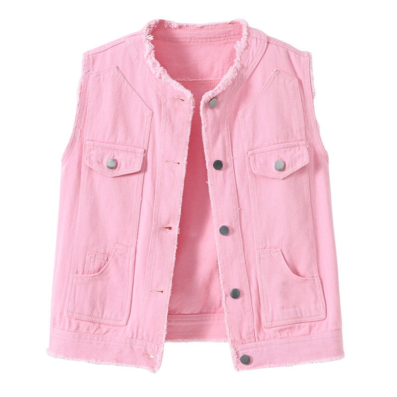 Women Fashion Vest - 여성 슬리밍 민소매 데님 베스트 라운드넥