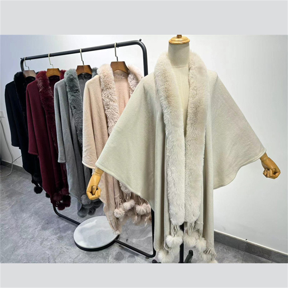 Women'S Fashion Long Coat - 여성용 인조 토끼 모피 볼 망토,