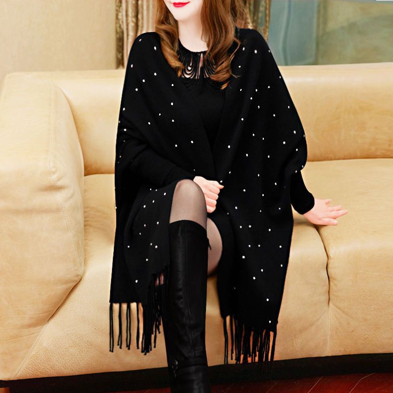 Women'S Fashion Long Coat - 여성용 단색 망토, 특대 비즈 크리스탈,
