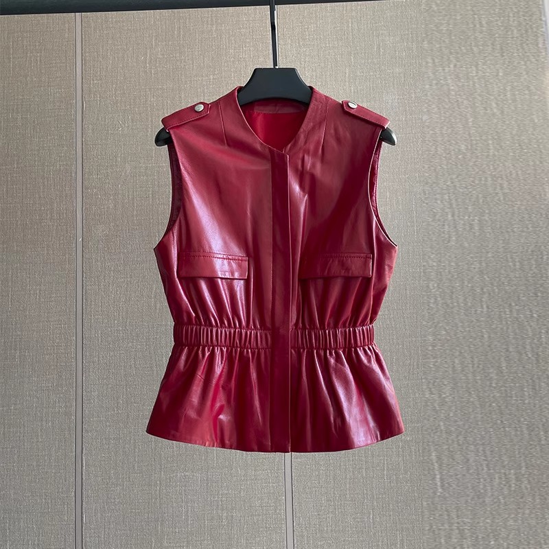 여성용 레드 천연 가죽 조끼 슬림 웨이스트 숏 스타일  - Women'S Fashion Leather Jacket 리뷰 및 가격