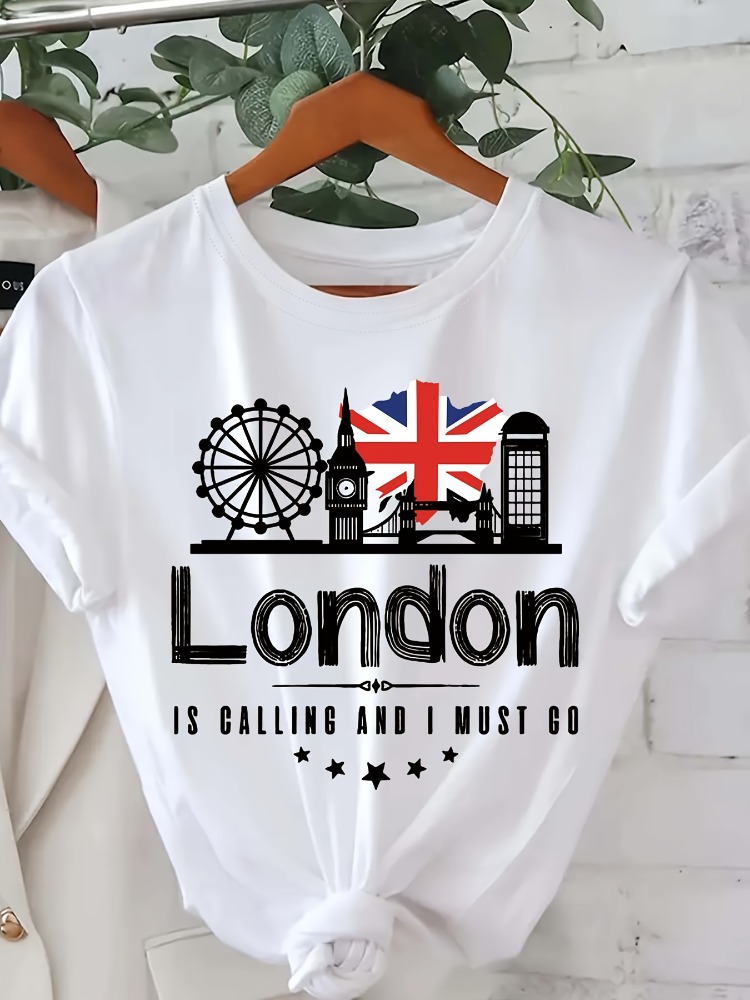 런던 레터 프린트 티셔츠 패션 반소매 라운드 넥 캐주얼 - Women'S Fashion London 리뷰 및 가격