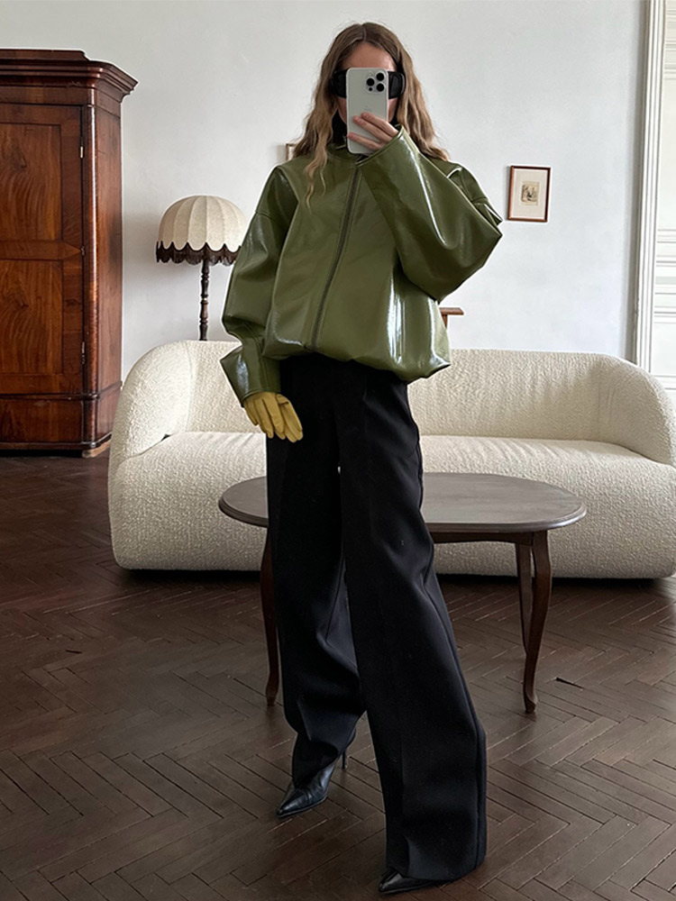 패션 그린 숏 가죽 재킷 여성 루즈 스탠드 넥 코트 스 - Women'S Fashion Leather Jacket 리뷰 및 가격