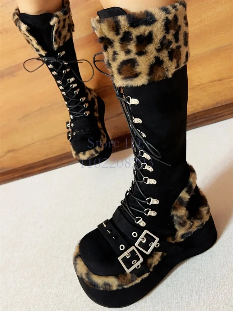 레오파드 모피 무릎 높이 부츠, 솔리드 라운드 토 벨트 - Women'S Fashion Boots 2025 리뷰 및 가격
