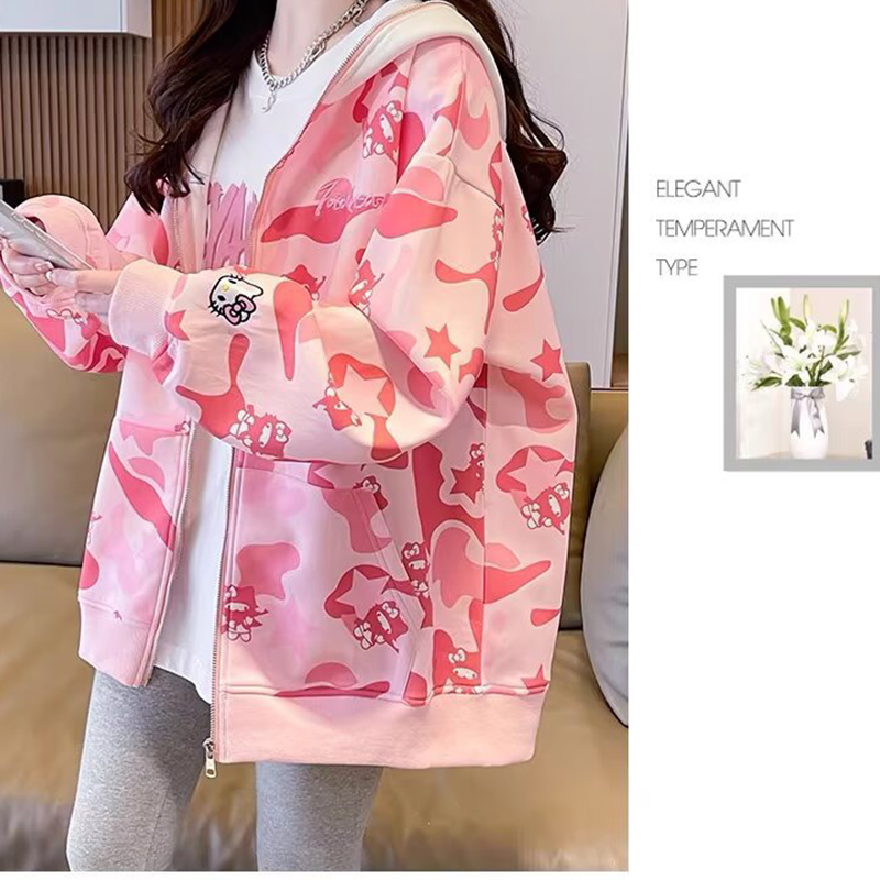 Y2K 2026New 귀여운 만화 헬로 키티 카모 후드 - Women'S Fashion Long Coat 리뷰 및 가격