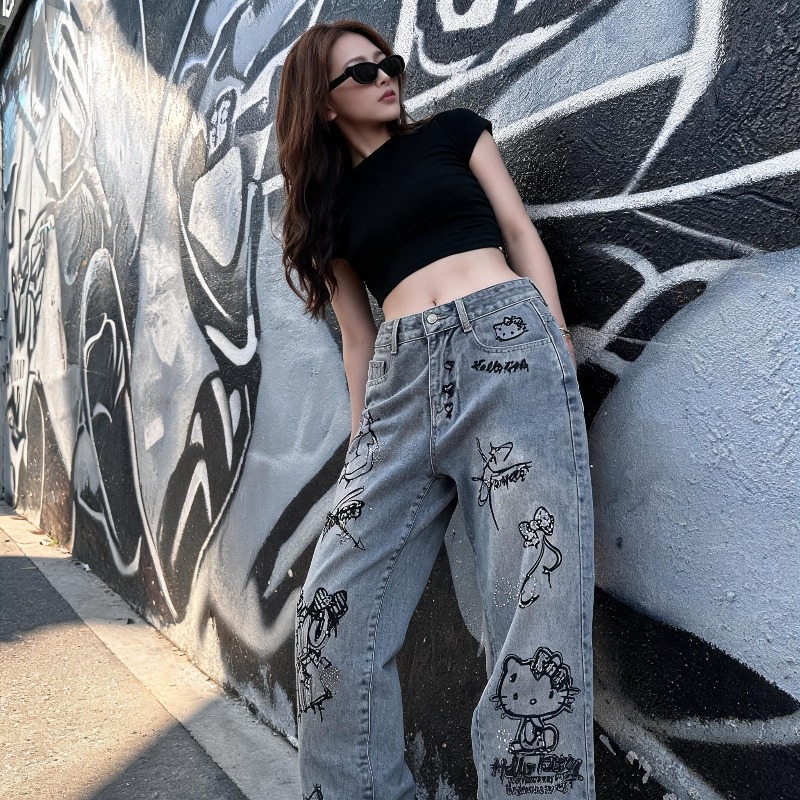 귀여운 케이오키티 라인스톤 그래피티 스트릿 Y2K 패션 - Xxl Women Fashion 리뷰 및 가격
