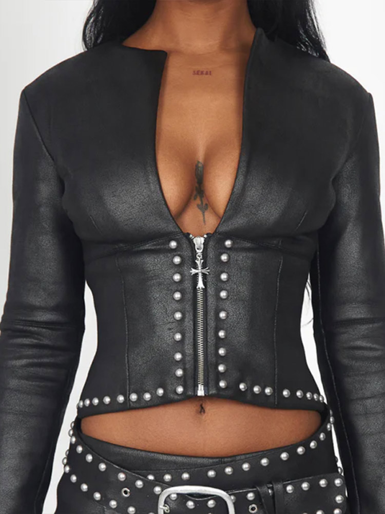패션 리벳 장식 PU 가죽 자켓 스커트 슈트 여성 지퍼 - Women'S Fashion Leather Jacket 리뷰 및 가격