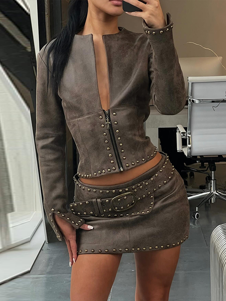 패션 리벳 장식 PU 가죽 자켓 스커트 슈트 여성 지퍼 - Women'S Fashion Leather Jacket 리뷰 및 가격