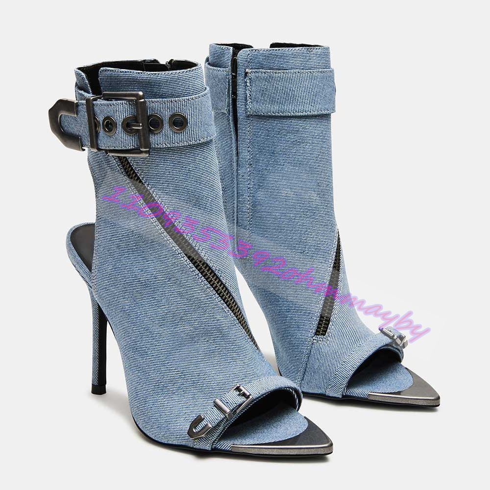 여름 블루 데님 포인티드 토 부츠 여성용 오픈 토 가죽 - Women'S Fashion Boots 리뷰 및 가격