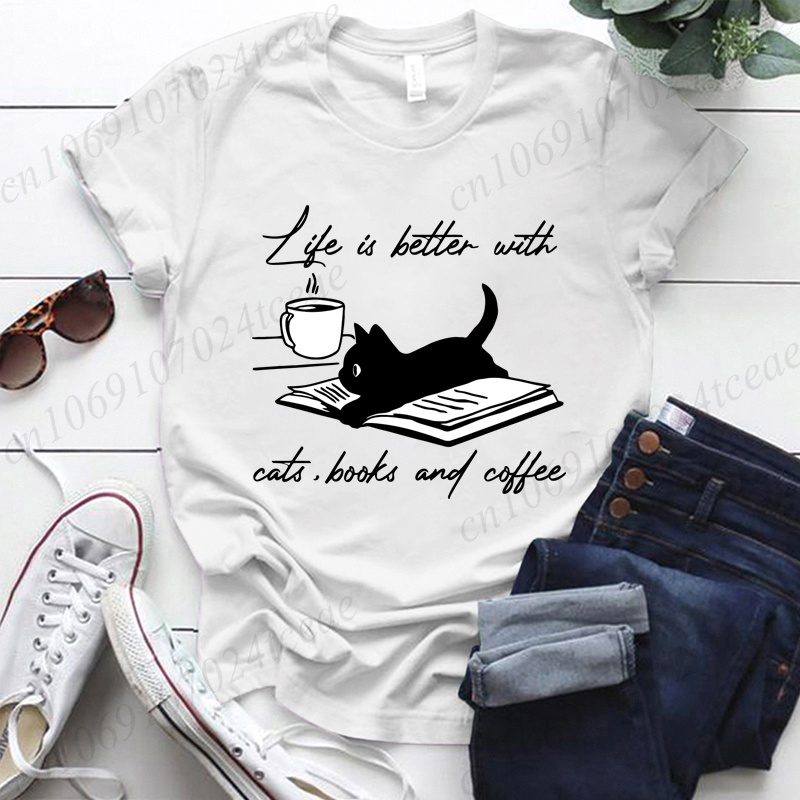 고양이, 책 및 커피 Tshirt와 함께 삶은 더 좋습 - Women Fashion Quotes 리뷰 및 가격