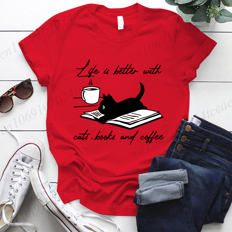 고양이, 책 및 커피 Tshirt와 함께 삶은 더 좋습 - Women Fashion Quotes 리뷰 및 가격