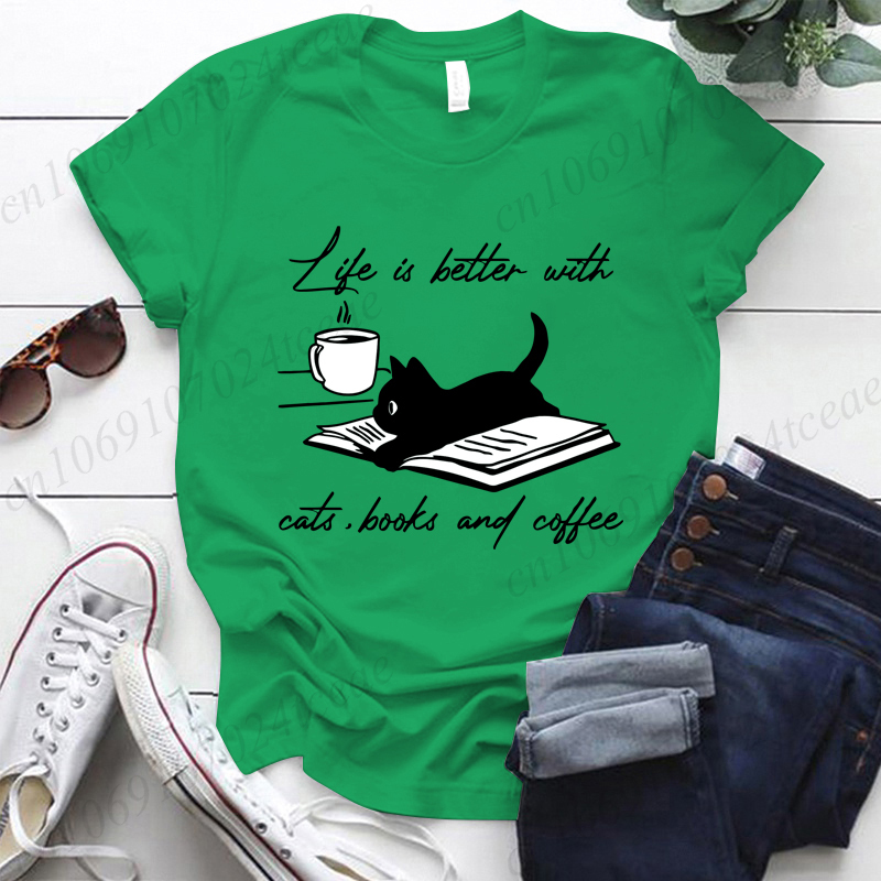 고양이, 책 및 커피 Tshirt와 함께 삶은 더 좋습 - Women Fashion Quotes 리뷰 및 가격