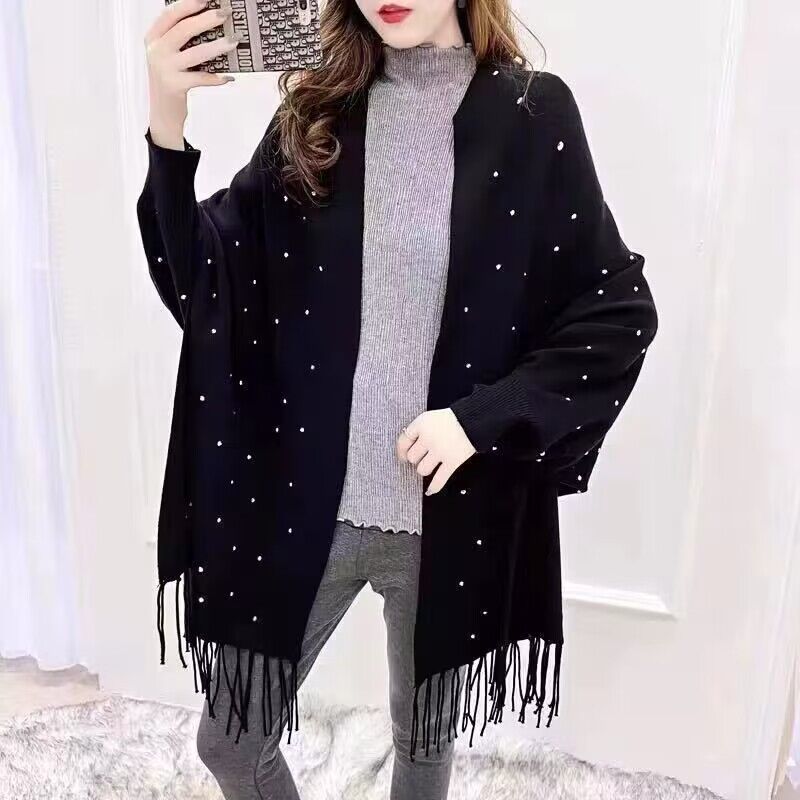 여성용 단색 망토, 특대 비즈 크리스탈, 니트 숄, 판 - Women'S Fashion Long Coat 리뷰 및 가격