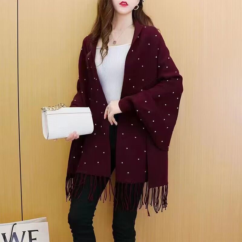 여성용 단색 망토, 특대 비즈 크리스탈, 니트 숄, 판 - Women'S Fashion Long Coat 리뷰 및 가격